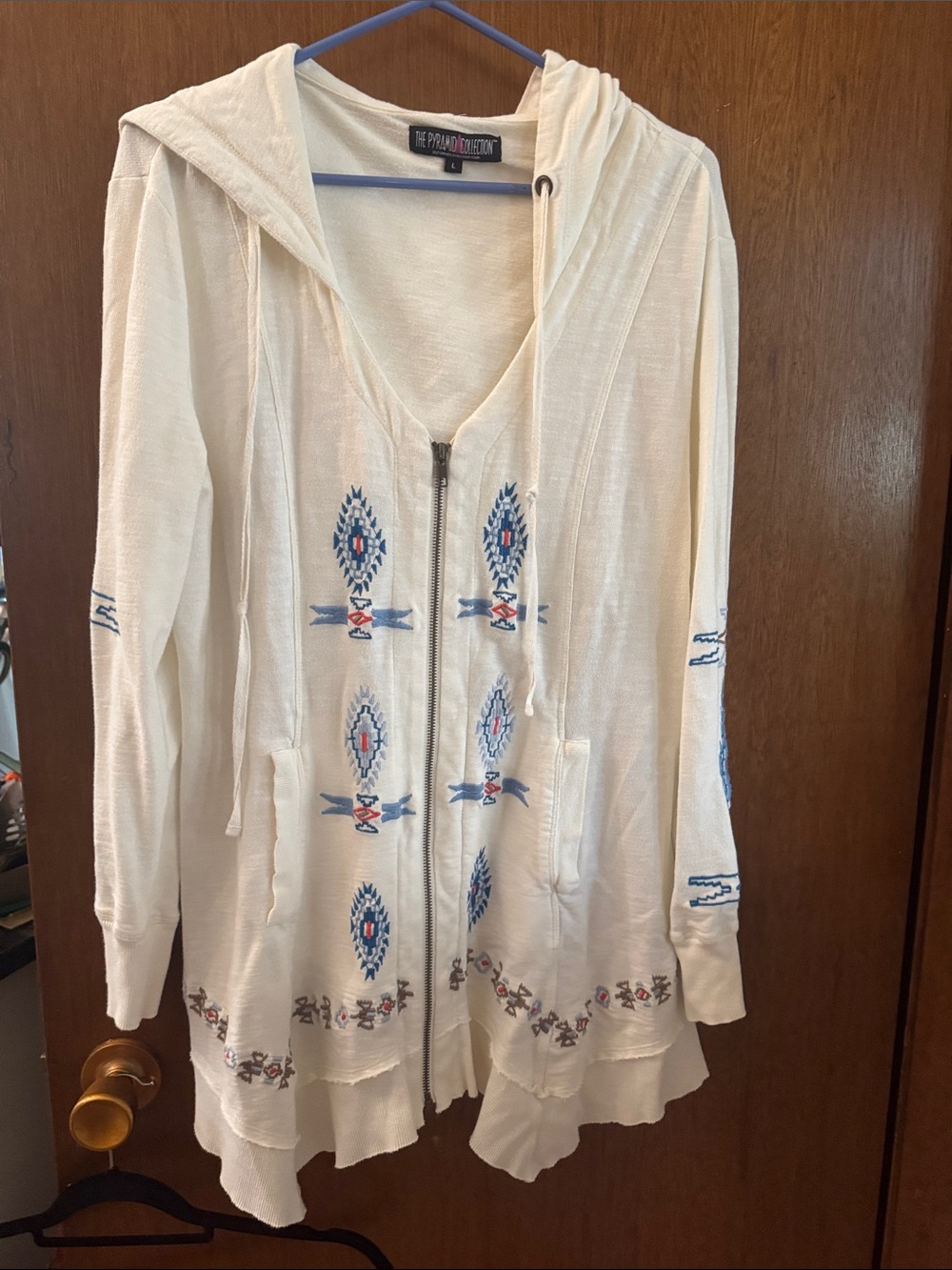 The Pyramid Collection Cream Zip Hoodie with Blue & Red Embroidery